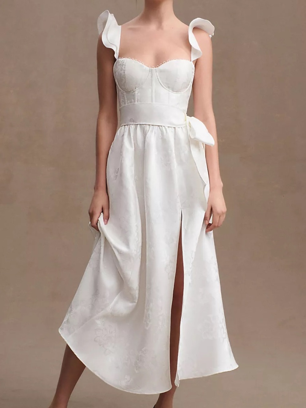 V. Chapman Vera Satin Ruffled-Sleeve Midi Dress